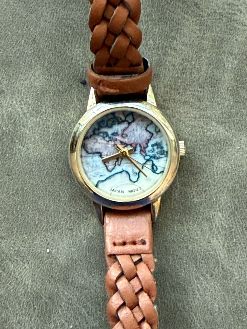 Brown Braided Leather Strap World Map Watch